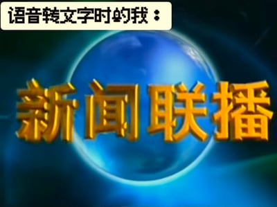 图片顶部有一个白色背景的文字框，内写“语音转文字时的我：”，下方是经典的央视《新闻联播》片头画面，包含蓝色地球背景和金色立体的“新闻联播”四个大字。通过将日常使用语音转文字的场景与严肃正式的新闻联播片头结合，形成幽默对比，调侃自己对语音转文字结果的认真态度如同在播报重要新闻。