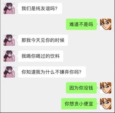 这是一张动漫风格的聊天对话梗图，展示了两个动漫角色之间关于友谊的幽默对话。左边是粉色头发的女角色，右边是棕色头发的男角色。对话以女角色询问是否是纯友谊开始，最后男角色以"因为你没钱，你想贪小便宜"作为幽默回答，形成了一个意想不到的转折笑点。