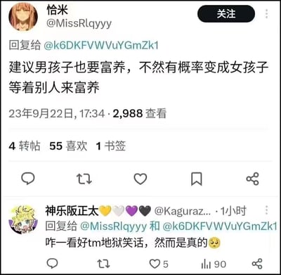 该图片为X.com（原Twitter）的社交媒体回复截图，展示了用户“恰米”（@MissRlqyyy）对另一用户的回复内容：“建议男孩子也要富养，不然有概率变成女孩子等着别人来富养”，发布时间为23年9月22日17:34，获得2,988次查看、4次转帖、55次喜欢和1次书签。下方另有用户“神乐阪正太”（@Kaguraz...）的回复：“咋一看好tm地狱笑话，然而是真的😥”，该回复获得5次喜欢和90次转帖。整体内容以文字对话为主，呈现了关于“富养男孩”的幽默讨论。
图片中“变成女孩子等着别人来富养”属于夸张式幽默表达，通过反差制造笑点，无明显双关或谐音梗。