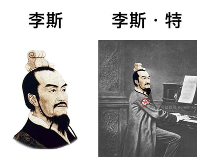 这是一张左右结构的谐音梗搞笑改图，左侧为中国秦朝著名大臣李斯的传统历史画像，上方配文字“李斯”；右侧将李斯的头像通过PS合成到著名音乐家李斯特坐在钢琴前弹奏的经典老照片上，上方配文字“李斯·特”，合成的人物手臂上还额外添加了一个印有“特”字的标识袖标，利用“李斯”加“特”的发音与音乐家“李斯特”完全相同的特点玩谐音梗，创意搞笑。