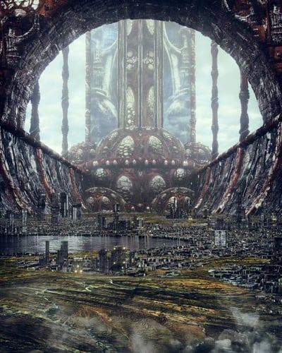 图片展示了一幅宏伟的科幻奇幻风格场景：画面中央是一个巨大的拱形结构，内部雕刻着复杂的纹理与机械感十足的细节。拱门后方矗立着一座高耸入云的巨型建筑，其设计融合了有机形态与精密机械元素，表面布满圆形窗洞、螺旋状支柱和浮雕图案，顶部延伸至云层之中。拱形结构下方是一片广阔的未来城市景观，密集的低矮建筑群沿着水体分布，水面反射着微弱的光线，远处的天空呈现出朦胧的灰白色，整体氛围神秘而震撼。建筑细节丰富，包括齿轮状装饰、发光节点和对称式布局，色彩以深棕、灰黑和金属银为主，营造出史诗般的视觉效果。