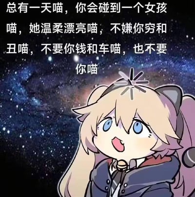 图片展示了一个金发蓝眼的猫耳娘角色，她有着猫耳和猫尾特征，头上有闪亮的符号，表情兴奋地张开嘴巴仰望星空。背景是深蓝色的星空，点缀着许多星星。角色穿着深色外套，整体风格为可爱的二次元动漫风格。图片上方有一段文字："总有一天喵，你会碰到一个女孩喵，她温柔漂亮喵，不嫌你穷和丑喵，不要你钱和车喵，也不要你喵"。

这张图使用了预期违背的幽默手法，前半段描述理想女友的美好特质，最后突然转折说出"也不要你喵"，形成搞笑效果。每句话结尾都加上"喵"字拟声词，强化了猫娘角色设定。