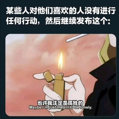 图片上方配有文字“某些人对他们喜欢的人没有进行任何行动，然后继续发布这个:”，下方是一张动漫截图，画面中一只手正拿着打火机点火，背景为粉色调，手部下方有字幕“也许我注定是孤独的 Maybe I'm just meant to be lonely.”。整体通过对比讽刺那些面对喜欢的人不采取行动，却在社交媒体上发布孤独文案的行为。