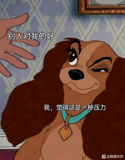 这是一张改编自动画《小姐与流浪汉》的表情包，画面中是动画里的主角狗狗淑女（Lady），它一只眼睛眨起，嘴角撇着，表情带着明显的无奈与抗拒，画面左侧有一只伸过来的手，搭配文字“别人对我的好 我，觉得这是一种压力”，精准表达了部分人群在面对他人善意时，因担心无法对等回报、或是被过度关注而产生的心理负担，能够引发有类似社交困扰的人的强烈共鸣。
