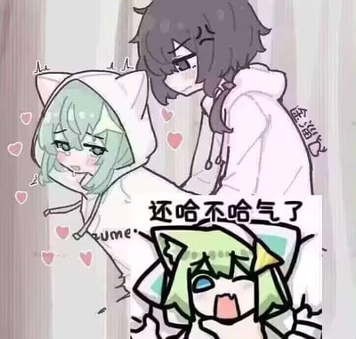 插画描绘了两位动漫风格少女的亲密互动场景。左侧绿发少女头戴白色猫耳连帽衫，浅绿色发丝微卷，脸颊泛着红晕，眼神羞涩躲闪，周围漂浮着粉色爱心图案，尽显娇羞。右侧黑发少女身着白色连帽卫衣，深色长发垂落肩头，身体微微前倾，正温柔注视着绿发少女，嘴角带一丝戏谑笑意。画面下方嵌入绿发少女夸张慌乱表情的小插图，配合文字“还哈不哈气了”，营造出俏皮又甜蜜的互动氛围。