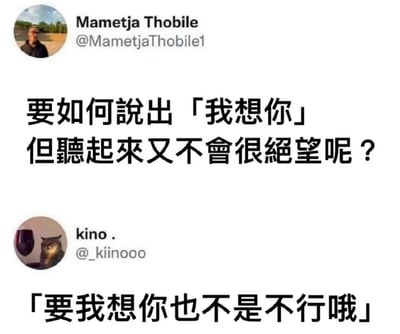 这张梗图以两个推特账号的对话截图形式，调侃了如何表达“我想你”又不显得很绝望。第一位用户提出了情感表达难题，下面cat头像用户用一种自嘲无所谓但其实又很想的语气回应：“要我想你也不是不行啦”，表现了嘴硬心软又怕尴尬的网络社交常态。整个对话带有轻度自嘲色彩，适合用来调侃情侣或互有好感的人间的微妙心理攻防。文案没有明显谐音梗，但回复的气氛有一种反向撒娇和借口式的“自恋风格”，符合当下年轻人网络交流的幽默梗味。