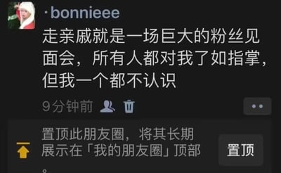 这是一张微信朋友圈的截图，用户bonnieeee发布了一条吐槽动态：「走亲戚就是一场巨大的粉丝见面会，所有人都对我了如指掌，但我一个都不认识」，用幽默的比喻精准戳中了当代年轻人走亲戚时的尴尬处境——亲戚们对自己的生活细节十分熟悉，自己却认不全这些亲戚，仿佛身处一场粉丝见面会，自己是被围观的“明星”却对台下的“粉丝”毫无认知。截图下方还显示了朋友圈的置顶操作提示，提示可以将这条动态长期展示在朋友圈顶部，这条吐槽极易引发有类似经历的网友共鸣。