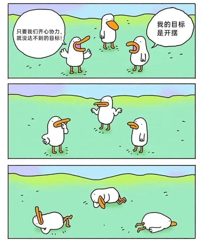 三格漫画描绘了三只鸭子的搞笑互动。第一格中，一只鸭子充满干劲地说："只要我们齐心协力，就没达不到的目标!"，而另一只鸭子淡定地表示："我的目标是开摆"。第二格显示鸭子们似乎在讨论。第三格则是所有鸭子都躺倒在地，实现了"开摆"的目标。通过团队合作精神与"摆烂"心态的反差制造幽默效果。