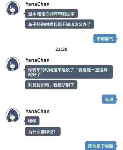 这是一张聊天记录形式的搞笑梗图，图中YanaChan在被温水骑车送回家后，提及听到温水说“要是能一直这样就好了”，满心以为是对方发出的浪漫告白式感慨，满怀期待地追问原因，结果温水却直白地回答是因为当下走的是下坡路，不用费力骑车，完全打破了YanaChan的浪漫预期，形成强烈的反差感，用直男不解风情的行为制造出搞笑的效果，精准调侃了这类不懂浪漫、只讲实际的相处场景。