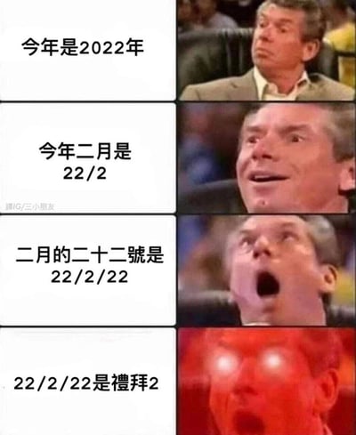 这是一张四格连环图文梗图，通过WWE老板文斯·麦克马洪逐渐夸张的表情，层层递进展示2022年里和数字2相关的日期惊喜：第一格说明今年是2022年，人物表情平淡；第二格指出二月的格式是22/2，人物开始露出兴奋的表情；第三格点明2月22日的日期为22/2/22，人物呈现出震惊的神态；第四格补充当天是礼拜二，人物彻底激动到表情夸张，整体用全是2的日期制造趣味，凸显这个日期的特殊性与巧合感。
