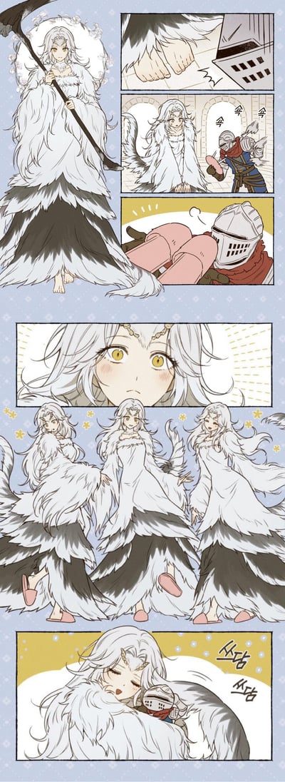 这是一幅基于《艾尔登法环》的温馨同人连环漫画：光脚的菈妮不小心踢到了头盔，发出「今今今」的声响，一旁的褪色者骑士贴心地递来一双粉色拖鞋；菈妮看到拖鞋后瞬间脸红，试穿后开心地转圈圈展示新拖鞋，最后一把抱住骑士，发出「쓰담쓰담」的蹭蹭拟声，整体画风软萌治愈，讲述了游戏角色之外的温馨小日常。