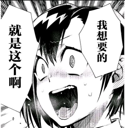 这是一张黑白漫画的单帧截图，画面聚焦于一位短发少女的脸部特写：她双眼圆睁，瞳孔因极度激动呈现出特殊纹路，嘴巴大张，脸颊挂着汗珠，面部肌肉因亢奋而紧绷扭曲，整体表情充满了狂喜与激动。画面左右两侧的对白气泡分别标注着“我想要的”和“就是这个啊”，直白地传递出她终于得偿所愿时的强烈情绪。这种夸张的日式漫画表情搭配直白的台词，非常适合用来表达自己终于获得心仪事物、达成目标时的极致喜悦，常被制作成表情包在社交场景中使用。