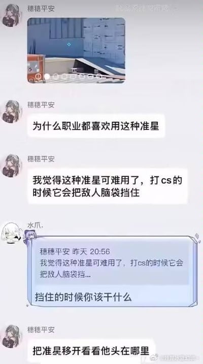 这是一张社交媒体聊天记录截图，展示了用户“稳稳平安”与“水爪”关于游戏准星的讨论。截图上方包含一张游戏场景图片（显示蓝色墙壁和部分建筑结构，疑似CS游戏地图），下方为对话内容：“稳稳平安”首先提问“为什么职业都喜欢用这种准星”，随后抱怨“我觉得这种准星可难用了，打cs的时候它会把敌人脑袋挡住”，“水爪”反问“挡住的时候你该干什么”，“稳稳平安”幽默回复“把准星移开看看他头在哪里”。整体对话围绕游戏体验展开，带有吐槽和调侃的轻松语气。