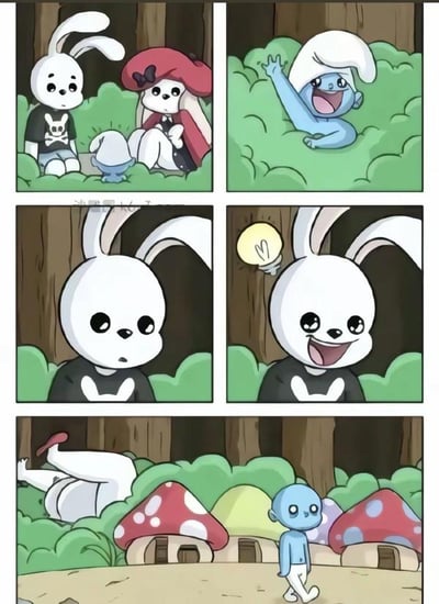 这是一组由三行画面组成的连环荒诞梗图：第一行左图中，两只原创卡通兔子坐在草地上，面前放着一个看起来像蛋的蓝精灵头部；右图里蓝精灵的头部从草丛中探出来挥手。第二行左图是穿骷髅T恤的兔子露出惊讶的表情，右图中这只兔子头顶亮起灯泡，显然是想到了某个主意。第三行左图显示兔子躺在地上，一副刚进食完的样子；右图则是没有头部的蓝精灵身体，独自迈步走回蓝精灵的蘑菇村。整组图通过视觉误解制造笑点，将蓝精灵的头部伪装成蛋，让兔子“吃掉”，最终呈现出蓝精灵无头回家的荒诞结局，充满无厘头的搞笑感。