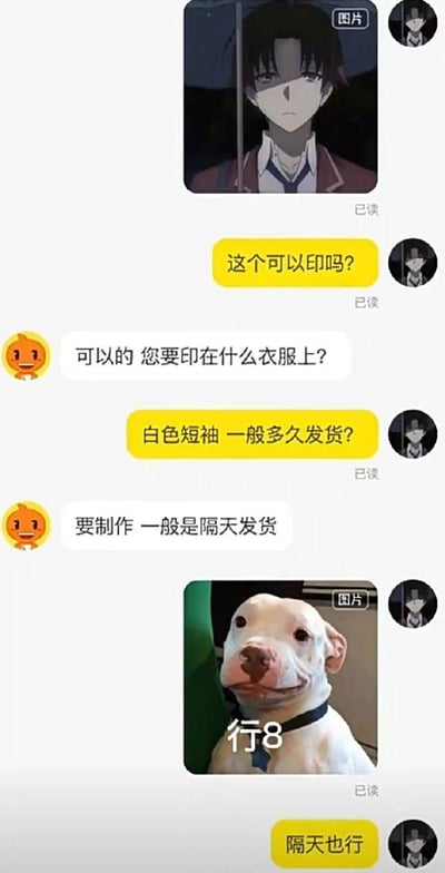 这张图片展示了一段模仿微信客服和顾客沟通的聊天截图，主要内容是顾客询问定制印花T恤流程并最终以“行8”狗狗表情包同意发货时间。图片中“行8”为“行吧”的谐音，常用于网络轻松、认同的语气，搭配狗狗呆萌的表情，让整个对话趣味十足，非常有梗。