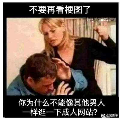 这是一张经过二次创作的搞笑梗图，画面截取了影视剧里的冲突场景：一位女性表情愤怒，抬手做出要挥打的动作，似乎在指责面前的男性；男性则缩起身体低头，露出惊恐怯懦的神态。图的上下方添加了反差感十足的文字：“不要再看梗图了”“你为什么不能像其他男人一样逛一下成人网站？”，打破了大众对“沉迷成人网站是不恰当行为”的固有认知，反过来指责沉迷刷梗图的男性，用荒诞的反差制造搞笑效果，调侃了当下部分人沉迷网络梗图的状态。