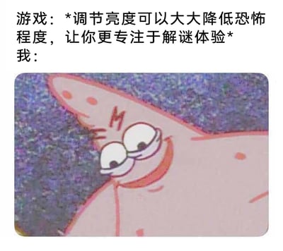 这是一张趣味网络梗图，上方配文是恐怖游戏给出的官方建议：调节屏幕亮度可以降低游戏的恐怖程度，让玩家更专注于解谜体验；下方则用经过魔改的动画角色派大星的画面来代表玩家的反应——派大星斜着眼睛，露出狡黠的坏笑，生动地表现出部分恐怖游戏玩家完全不听从降低恐怖感的建议，反而故意追求惊悚氛围的逆反心理，用幽默的方式调侃了这类玩家的独特喜好。
