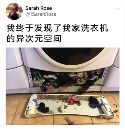 这是一张来自X（原Twitter）的社交媒体截图，用户Sarah Rose分享了自己的生活发现：她拆开家中滚筒洗衣机下方的挡板后，发现挡板后方的空间里堆积了大量平时洗衣服时“莫名失踪”的袜子和小衣物，拆下来的挡板上也残留着一些小衣物和污渍。Sarah Rose用“异次元空间”来调侃这个藏起众多衣物的地方，这个内容精准戳中了很多人在洗衣时遇到袜子丢失的日常共鸣点，十分有趣。