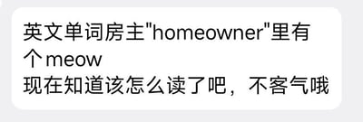 这是一张白底黑字的纯文字静态梗图，内容先点明表示“房主”的英文单词homeowner的拼写中嵌入了猫叫拟声词meow，随后用调侃的语气告知读者这下知道该怎么读这个单词了，末尾还加了“不客气哦”的俏皮表述，整体内容轻松搞笑，利用单词拼写的巧合制造趣味点。