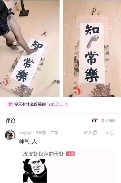 这是一张左右对比的搞笑梗图，左侧是一位穿黑丝的女生用脚踩在写有“知常樂”的书法作品的“知”字位置，右侧是完成后的效果：书法作品里的“知”被替换成了脚印，将成语“知足常乐”玩成了谐音梗“知（脚）常乐”。下方是皮皮虾平台的评论区截图，热评用户cisjajzj留言“帅气_人”获得422赞，作者“皮皮虾仅存的母虾”用熊猫头表情包回复“你小子 坏哦~”，评论区还有43人标记“插眼”，话题“今天有什么好笑的”已有285万+浏览。
谐音梗说明：利用“足”和“脚”指代同一身体部位的特点，用真实的脚印替换书法文字，视觉化呈现“知足常乐”的谐音，创意十足又搞笑。