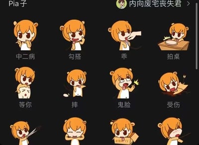 图片为12个橙发卡通角色的表情包合集，角色为短发橙毛、圆脸蛋形象，表情动作各异。整体呈3行4列网格布局，背景纯黑。每个表情包下方配有文字说明，包括“中二病”“勾搭”“乖”“拍桌”“等你”“摔”“鬼脸”“受伤”“害羞”“生气”“疑问”“睡觉”，展现不同情绪与场景。顶部左侧有“Pia子”字样，右侧显示“内向废宅丧失君”及头像，推测为创作者或系列名称。