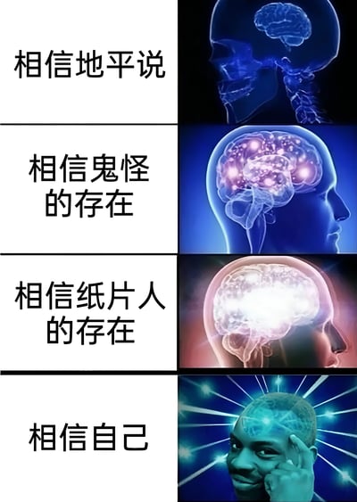 一张四格对比图，通过大脑活跃度可视化展示不同信仰的对比。第一格左侧文字'相信地平说'对应右侧蓝色低活跃度大脑；第二格'相信鬼怪的存在'对应紫色中等活跃度大脑；第三格'相信纸片人的存在'对应粉色高活跃度大脑；第四格'相信自己'对应带有光芒特效的最高活跃度大脑和一个思考手势的人物。通过幽默方式暗示人们对不同事物的相信程度与大脑活动的反差。