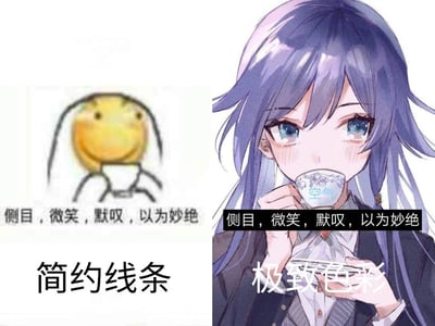 图片采用左右对比构图，左侧为简约线条绘制的黄色笑脸简笔画，下方标注“简约线条”，上方配有文字“侧目，微笑，默叹，以为妙绝”；右侧为细节丰富的二次元动漫风格女性角色，紫色长发，蓝色眼眸，手持印有“空气”字样的茶杯作饮用状，下方标注“极致色彩”，上方同样配有“侧目，微笑，默叹，以为妙绝”文字。通过两种极端艺术风格的并置，幽默地表达对不同美学形式的赞赏。