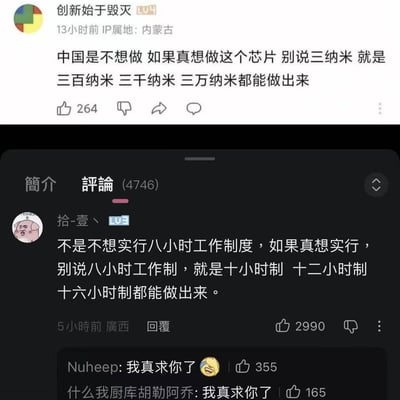 这是一张由上下两部分社交媒体评论截图拼接而成的梗图。上半部分是用户「创新始于毁灭」的极端言论，称只要想做芯片，不管多少纳米都能实现；下半部分用户「拾-壹丶」完全照搬这个句式，反讽道如果真想实行八小时工作制，甚至能推行更长时长的工作制，用夸张的模仿，直指当下职场中八小时工作制难以落实的现实，下方用户回复「我真求你了」，进一步传递出职场人士的无奈与共鸣，整体充满反讽和调侃的意味。