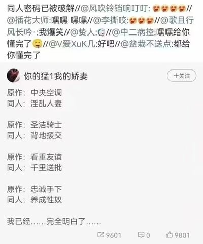 这是一张社交媒体平台的截图，画面顶部是一条包含多位用户@互动的评论，内容是对下方帖子的调侃，带有多个表情符号；下方是用户“你的猛1我的娇妻”发布的玩梗内容，该内容通过谐音和恶意联想，将“中央空调”“圣洁骑士”“看重友谊”“忠诚手下”这些偏向中性或正面的词汇，改编为“淫乱人妻”“背地援交”“千里送批”“养成性奴”这类低俗露骨的内容，最后配文“我已经……完全明白了……”，帖子的互动数据为转发9601、评论0、点赞9801，整体是利用低俗反差感制造恶趣味的网络玩梗内容。