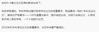 这是一张纯文字形式的通知内容，讲述了在协和4+4博士论文学术丑闻的影响下，学校学院升级了对各级学位论文的质量管控：本科毕业论文被要求100%查重与盲评，同时提升抽检比例；若出现不合格论文，将从导师、评阅人到学院顺次处罚，并且明确2025年对本科毕业论文的质量要求为历年最严最细。内容风格严肃正式，无谐音梗、双关等特殊表达。