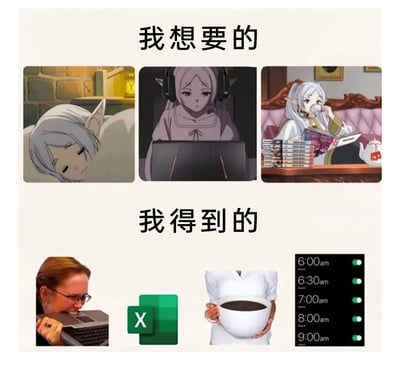 这是一张通过上下对比呈现理想与现实反差的梗图，上半部分标注“我想要的”，展示了动画《葬送的芙莉莲》中的角色芙莉莲的三种悠闲生活状态：惬意睡觉、戴着耳机轻松使用电脑、喝茶看漫画，代表了人们向往的舒适、无压力的摸鱼生活；下半部分标注“我得到的”，则展示了当代打工人的真实职场日常：崩溃咬键盘的职场人、代表繁重办公的Excel图标、用来续命的超大杯咖啡、从早上6点到9点排满的闹钟日程，通过强烈的反差感，生动调侃了打工人向往悠闲生活却被忙碌工作裹挟的无奈处境，引发职场群体的共鸣。