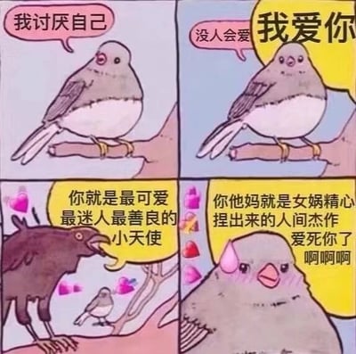 四格连环漫画描绘了小灰鸟从自我否定到被鼓励的暖心过程：第一格小灰鸟站在树枝上沮丧地说“我讨厌自己”；第二格它低头自语“没人会爱”，旁边出现“我爱你”的大字；第三格一只黑色大鸟出现，周围飘着爱心，对小灰鸟说“你就是最可爱最迷人最善良的小天使”；第四格黑鸟继续激动地夸道“你他妈就是女娲精心捏出来的人间杰作 爱死你了啊啊啊”，小灰鸟害羞脸红。通过强烈反差的鼓励话语传递积极自我认同的主题。