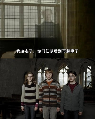 这是一张网友二次创作的搞笑梗图，由两张《哈利·波特》系列电影的截图拼接而成。上图是阿不思·邓布利多站在窗边的模糊身影，配文“我该走了，你们仨以后别再惹事了”；下图是哈利·波特、罗恩·韦斯莱、赫敏·格兰杰三人站在霍格沃茨的石砌房间里，神情严肃地正视前方，仿佛在认真聆听邓布利多的叮嘱。这张图通过拼接不同场景的画面，调侃了哈利三人组在系列故事中总是不断卷入各种麻烦事件的经典设定，赋予了原影视片段新的趣味语境。