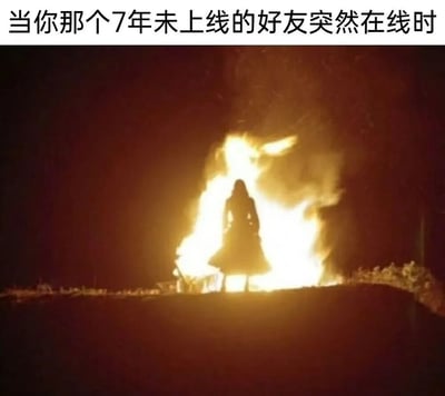 图片上方有文字“当你那个7年未上线的好友突然在线时”，下方是一个人站在熊熊燃烧的火焰前的剪影画面。火焰在黑暗背景中显得格外明亮，将人物轮廓清晰勾勒出来，营造出一种戏剧性和震撼感。这张图通过夸张的视觉效果，幽默地表达了当久未联系的好友突然在线时那种强烈的惊讶和激动情绪。