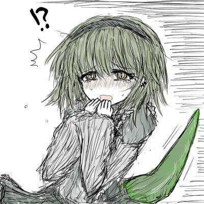 一张手绘风格的动漫插画，描绘了一位绿发少女。她有着齐刘海和长发，眼睛含泪，双手捂着嘴巴，表情看起来既惊讶又困惑。头顶上方有一个"!?"的符号，强化了她的困惑情绪。画面采用素描风格，线条清晰可见，背景简洁，突出人物表情。