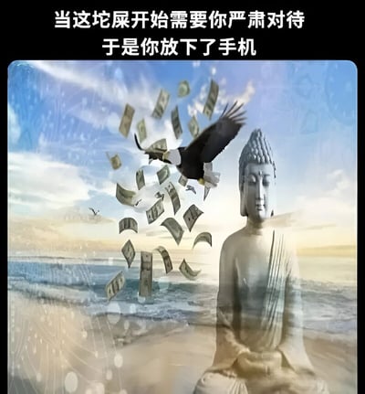 图片上方有文字'当这坨屎开始需要你严肃对待 于是你放下了手机'，下方是合成图像，右侧有一尊静坐的佛像，左侧有一只鹰正在飞翔，周围散落着许多美元钞票，背景是海滩和天空。图片通过宗教符号、金钱元素和自然意象的组合，形成一种讽刺意味，暗示人们常常对本不值得认真对待的事物投入过多精力。