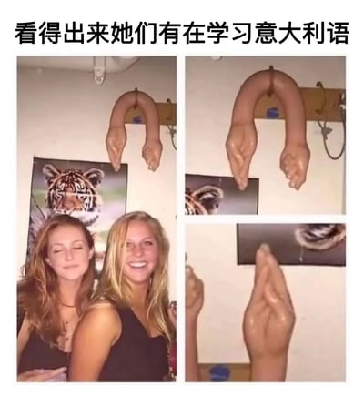 这是一张双格对比梗图，上方配有文字'看得出来她们有在学习意大利语'。左图显示两位女性站在一个形似意大利手势的奇怪物体下，右图则特写了这个物体。图片通过视觉双关制造幽默效果，暗示她们学习意大利语的方式很特别。