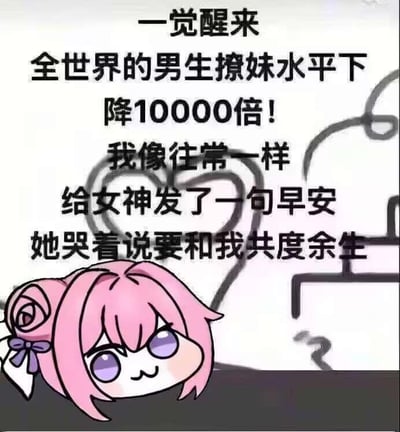 图片上方为黑色加粗文字：'一觉醒来 全世界的男生撩妹水平下降10000倍！我像往常一样给女神发了一句早安 她哭着说要和我共度余生'。下方是一个粉色头发、紫色眼睛、扎着玫瑰花苞发型并系着紫色蝴蝶结的卡通女孩形象，表情带着得意和俏皮。背景有简单的黑色线条勾勒的心形和问号图案，通过夸张的情景设定制造幽默效果，调侃男生撩妹能力与女生反应的戏剧性反差。