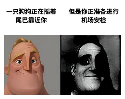 该图为左右对比式图文混排梗图。左侧为彩色卡通男性角色，金发，圆脸，眉毛上挑，眼睛睁大，嘴角上扬露出微笑，表情开心友好，上方配有文字'一只狗狗正在摇着尾巴靠近你'，营造出温暖期待的氛围；右侧为黑白真实男性人物，面部线条硬朗，眉头微皱，眼神锐利，表情严肃略带审视，上方配有文字'但是你正准备进行机场安检'，形成强烈反差。通过前后情景与表情的对比，幽默展现了从期待温馨互动到面临安检紧张的心理变化，无明显双关或谐音梗。