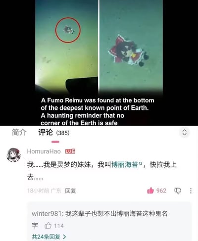 图片上半部分是左右并列的两张水下画面：左图中海底有一个很小的物体，被红色圆圈圈出；右图放大后可以看出那是一个戴着红色大蝴蝶结的博丽灵梦Fumo毛绒玩偶。配图英文文案夸张地写着“一只Fumo灵梦在地球已知最深处被发现，令人不安地提醒着地球没有任何角落是安全的”。下半部分是哔哩哔哩风格的评论区截图，显示共有385条评论。用户HomuraHao以沉在海底的玩偶口吻留言：“我……我是灵梦的妹妹，我叫博丽海苔，快拉我上去……”该评论获得962赞。用户winter981回复：“我这辈子也想不出博丽海苔这种鬼名字”，获得114赞，并显示共有24条回复。“博丽海苔”利用角色“博丽灵梦”的姓氏格式，把名字改成与海底、长期泡水情境相关的“海苔”，形成荒诞冷笑话。所谓在地球最深处发现玩偶应属恶搞说法，不能当作真实新闻。