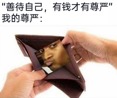 这是一张用来自嘲没钱的搞笑梗图，采用图文混排的形式呈现。上方配有两行文字：“善待自己，有钱才有尊严”和“我的尊严：”，引出下方的P图内容。图片部分是经过P图改编的视觉错位图，两只手翻开一个干瘪的空钱包，钱包内部被P上了一张眉头紧皱、表情委屈噘嘴的人脸，仿佛这个窘迫的人脸就是自己的“尊严”，随着空钱包一起显得窘迫又无奈。整图通过幽默夸张的方式，调侃“钱和尊严挂钩”的说法，自嘲自己经济拮据的状态，精准戳中很多人在没钱时的共鸣，用搞笑的方式消解生活里的窘迫感。