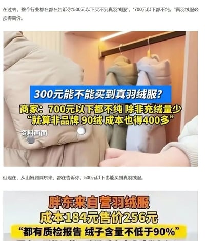 图片通过上下分区的图文混排形式，呈现羽绒服市场价格争议。上方文字提及过去行业普遍观点“500元以下买不到真羽绒服”“700元以下都不纯”，配图为衣架上的羽绒服特写，叠加蓝色标题“300元能不能买到真羽绒服？”及黄色商家观点“700元以下都不纯 除非充绒量少”“就算非品牌90绒成本也得400多”；下方文字转折说明当下市场变化，提到山姆、胖东来等商家提供500元以下真羽绒服，配图展示“胖东来自营羽绒服 成本184元售价256元”及“都有质检报告 绒子含量不低于90%”的信息，形成鲜明价格对比。