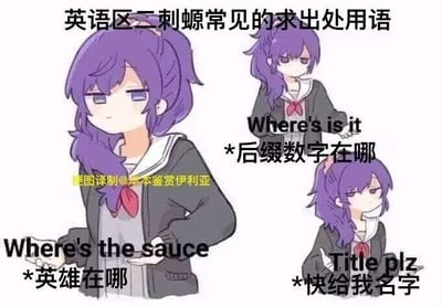 这是一张多图拼接的文字加注梗图，展示了英语区二次元（被调侃为“二刺螈”）爱好者求作品出处的三种常用英文表达，并搭配了趣味中文翻译：
1. "Where's the sauce"被译为“英雄在哪”，这里是谐音梗，英语区二次元圈里“sauce”指代作品出处，发音和“saviour（英雄、救星）”相近，玩了谐音趣味；
2. "Where's is it *后缀数字在哪"，对应询问带数字后缀的系列作品具体是哪一部；
3. "Title plz"被直白译为“快给我名字”，即请求告知作品名称。
图中是同一个AI生成的紫发二次元少女的三种不同姿态，分别对应三句话，整体用于科普英语区二次元圈的黑话，通过中文谐音梗增强趣味性，适合在二次元社群中用来解释相关用语。
