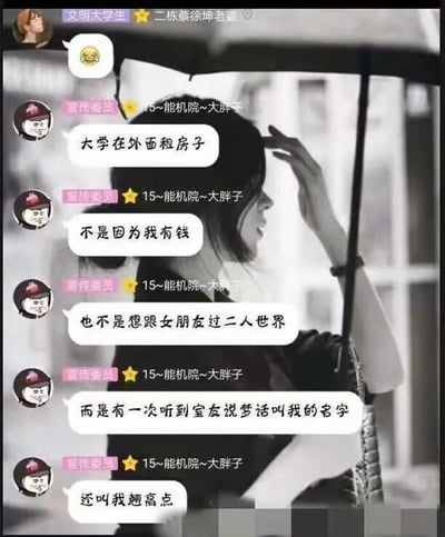 这是一张图文混排的静态图，背景是一张黑白的女性撑伞照片，前景是QQ群的聊天记录截图。群内用户“宣传委员 15~能机院~大胖子”分享自己大学在校外租房的特殊原因，先铺垫不是因为经济条件优渥，也不是为了和女友过二人世界，最后揭晓是因为听到室友说梦话叫自己的名字，还让自己翘高点，这段内容带有明显的低俗暗示，制造出尴尬又搞笑的效果；另一位用户“文明大学生 二栋蔡徐坤老婆”则发送了一个哭笑不得的表情，表达对此事的反应。整体图片通过聊天记录和背景图结合，呈现校园生活里的奇葩尴尬趣事。