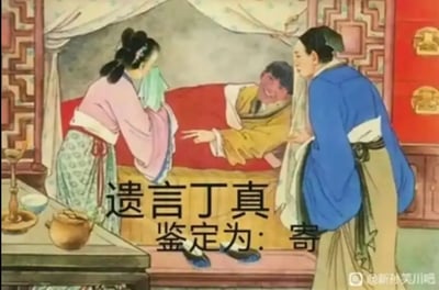 这是一张将古风仕女“探病”画作、网络红人丁真与流行梗“一眼丁真”创意拼贴的表情包。画面融入了“遗言”和“丁真”两个字眼，通过“遗言丁真，鉴定为：寄”，巧妙演绎了贴吧“鉴定”体+丁真梗的典型句式，调侃带出一种网络冷幽默。这里“遗言丁真”是“谐音丁真”玩法中的一种，把‘一眼’和‘遗言’谐音化，‘寄’则代表网络用语里的‘完蛋了’，又带讽刺和自嘲语境。整图为典型恶搞二创，讽刺调侃色彩浓厚。

谐音双关点：【遗言/一眼】【寄/完蛋】。
“寄”字成为流行梗代指“完蛋了”、“输麻了”。