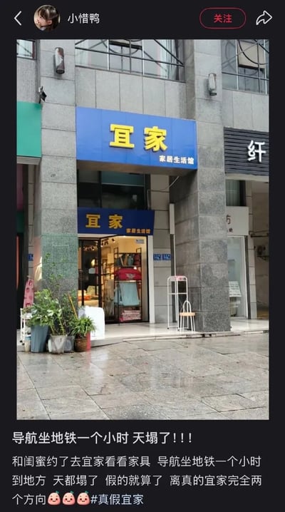 这是一张社交媒体内容截图，顶部显示发布者账号名为“小惜鸭”，附带关注按钮。截图主体是实拍的街边山寨家居店铺：该店铺共有上下两块蓝底黄字的招牌，均标注“宜家 家居生活馆”，模仿知名家居品牌宜家的经典配色与名称，店铺门口摆放有绿植、小型置物架，地面潮湿，疑似刚下过雨。截图下方是发布者的配文，内容为吐槽自己和闺蜜相约去宜家看家具，跟着导航坐了一小时地铁抵达后，发现是山寨店铺，且该店铺位置和真正的宜家完全是相反方向，配文末尾附带三个无奈的表情和“#真假宜家”的话题标签。