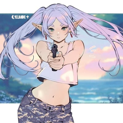 图中是一位有着精灵特征的少女，她有着长长的紫色双马尾，尖尖的精灵耳朵，绿色的眼眸，佩戴红色耳环。上身穿着白色露脐背心，下身搭配迷彩裤，双手紧握一把黑色手枪并向前瞄准。背景是色彩柔和的日落景象，天空呈现蓝粉渐变，点缀着云朵。左上角有“CYLLANDE+”的水印文字。整体画面风格为卡通插画，构图清晰，人物姿态充满动感与力量感。