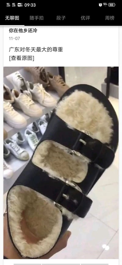 这张图展示了一双设计极具反差感的鞋子：它保留了凉拖的露趾款式，却在鞋身和鞋底部分添加了厚厚的毛绒内里，这种矛盾的设计既有着凉拖的清爽外观，又带着保暖鞋的毛绒质感。背景是鞋店的货架，上面摆放着多款常规的运动鞋。配文“广东对冬天最大的尊重”精准调侃了广东冬季气温不算极低的特点，当地人们既想体现出对冬季的仪式感，又不愿穿着过于厚重的鞋履，这双特殊的鞋子恰好契合了这种纠结又有趣的生活心态。