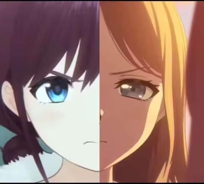 这张图将《政宗君的复仇》幼年安达垣爱姬与《辉夜大小姐想让我告白～天才们的恋爱头脑战～》早坂爱的半脸拼接在一起，左侧角色深紫发蓝眼眸，神情委屈低落；右侧角色浅金发灰蓝眼眸，眼神满是忧伤，两个角色的低落神情相互呼应，传递出难过、共情的情绪。