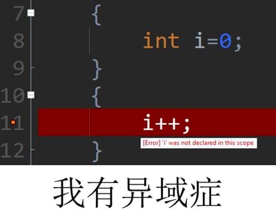 这是一张面向程序员群体的趣味梗图，整体为上下结构。上半部分是代码编辑器的截图，展示了C类编程语言的代码片段：在第8行的内层代码块中定义了整型变量i并赋值为0，在第11行的外层代码块中执行i++操作时，编辑器抛出错误提示“[Error] 'i' was not declared in this scope”（意为变量i未在当前作用域中声明），是典型的变量作用域使用错误。图片下半部分配大字中文“我有异域症”，利用“异域”和“作用域”的谐音玩梗，调侃自己经常犯搞错变量作用域的低级错误，十分贴合程序员的开发日常。